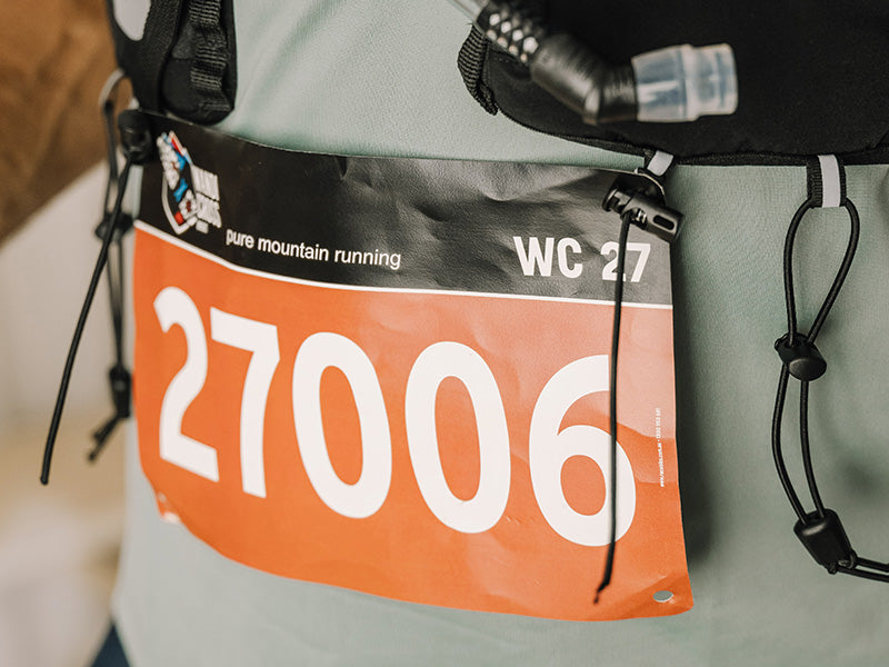 Race bib attached to an Everpace vest with race number visible