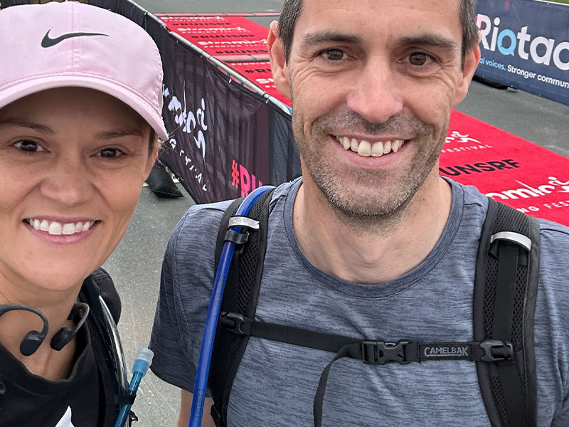 Two Everpace founders wearing running vests before a trail run event