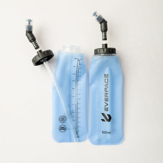 Two Everpace soft water flasks with straws, on a white background