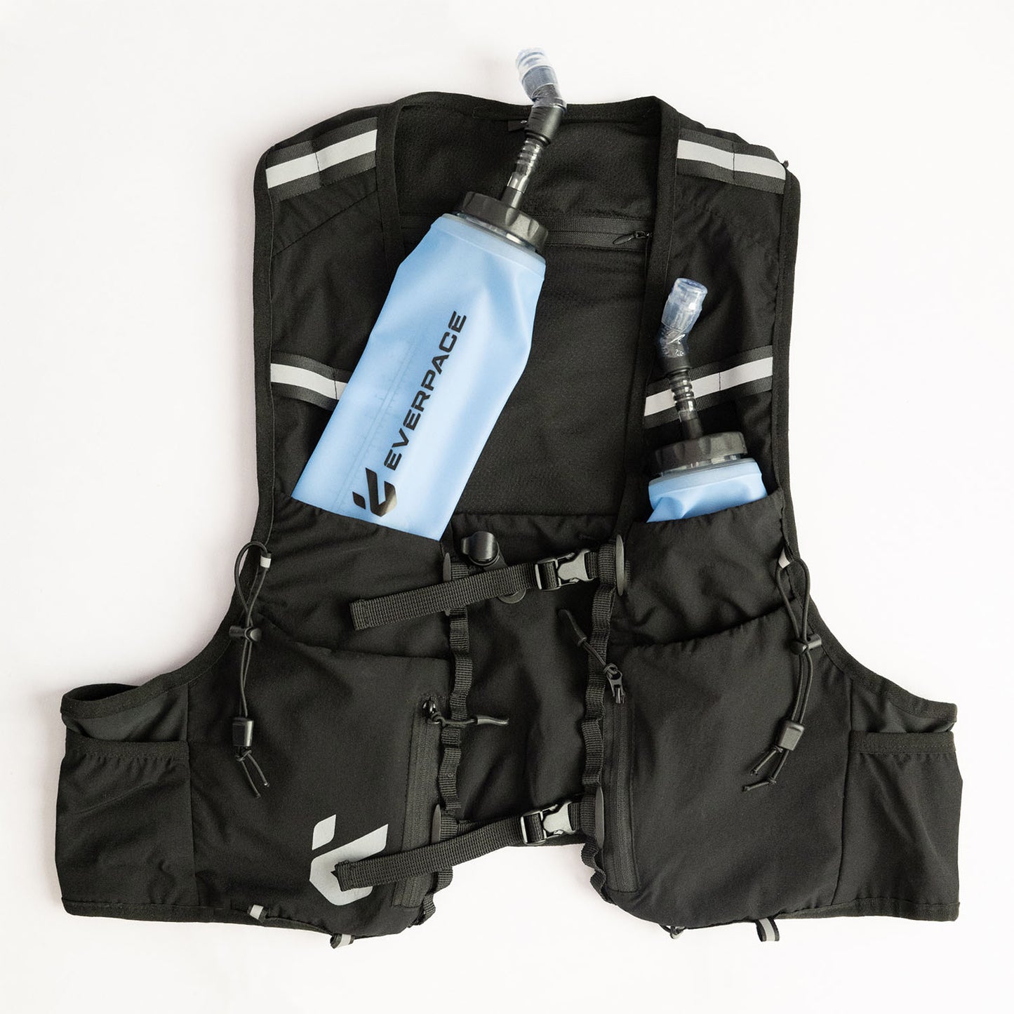 Black Everpace hydration vest with two water flasks on a white background