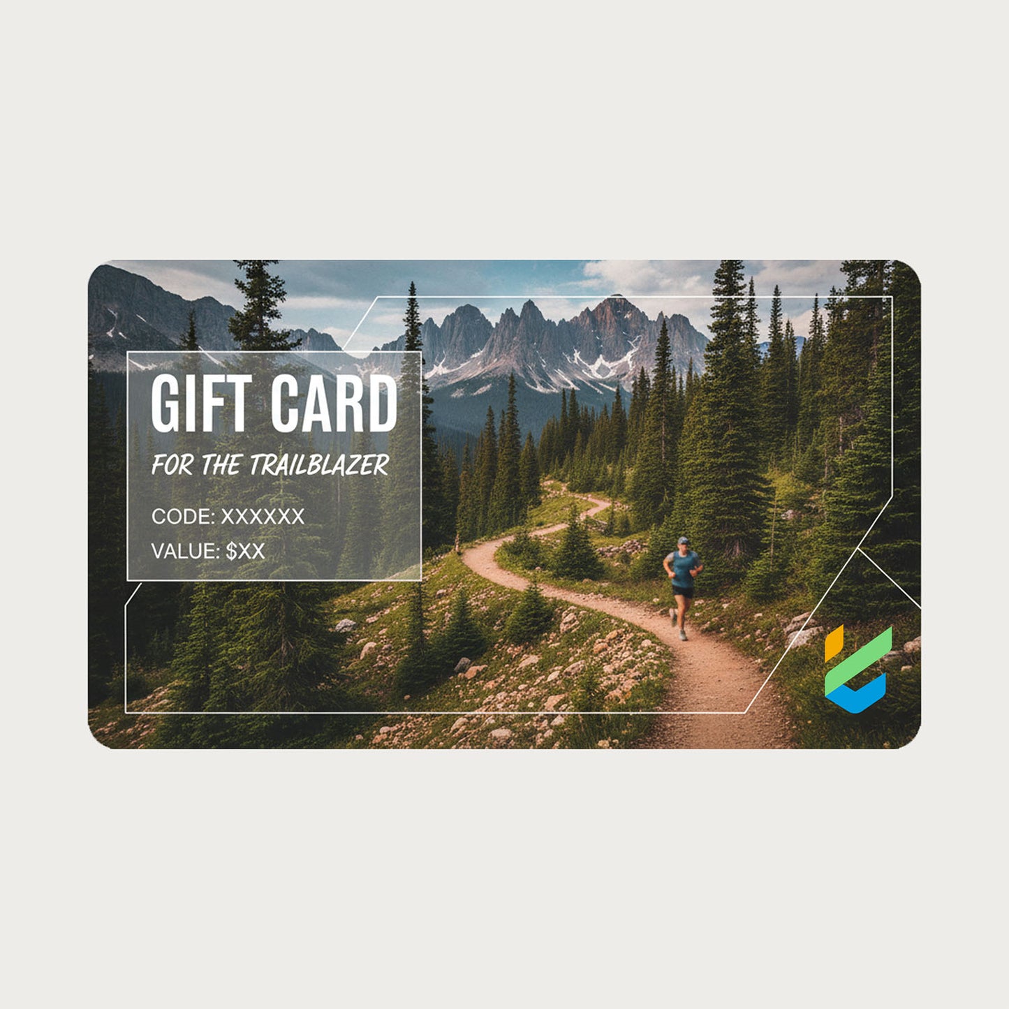 Gift card design with a scenic mountain landscape and a person running on a trail.