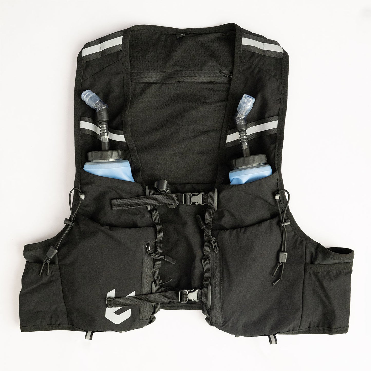 A front view of the Everpace hydration vest with water flasks on a white background