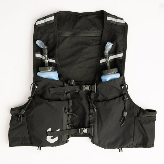 A front view of the Everpace hydration vest with water flasks on a white background