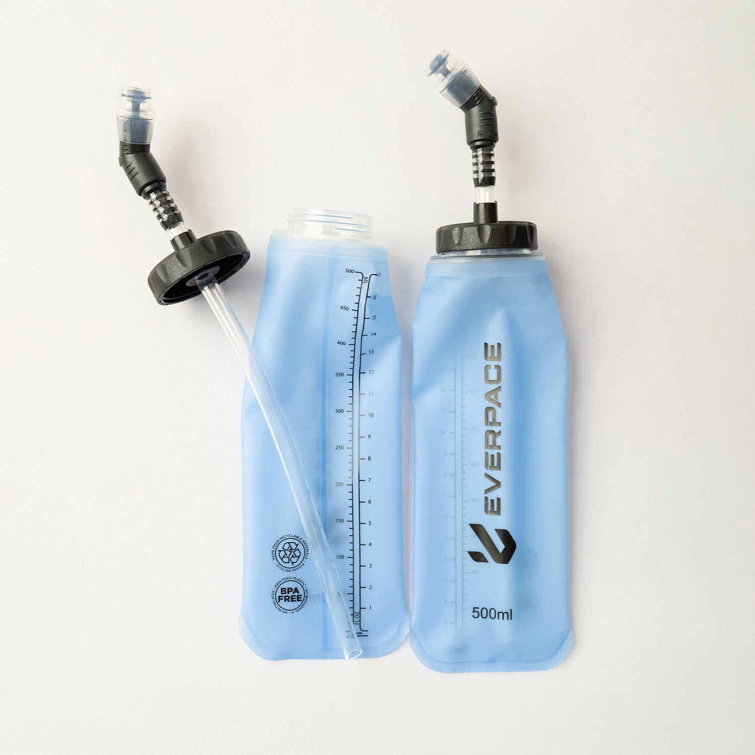 Two blue soft water flasks with black caps and adjustable straws