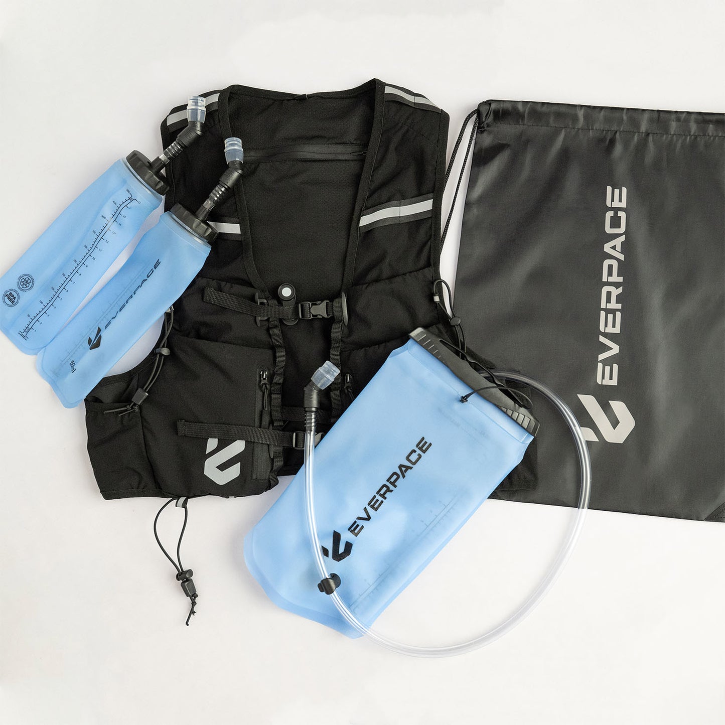 Everpace hydration vest with blue water flasks, bladder, and a storage bag